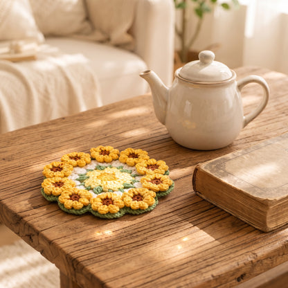 Handmade crochet sunflower coaster placed on rustic wooden table with white ceramic teapot and vintage book, warm sunlit cozy living room aesthetic home decor