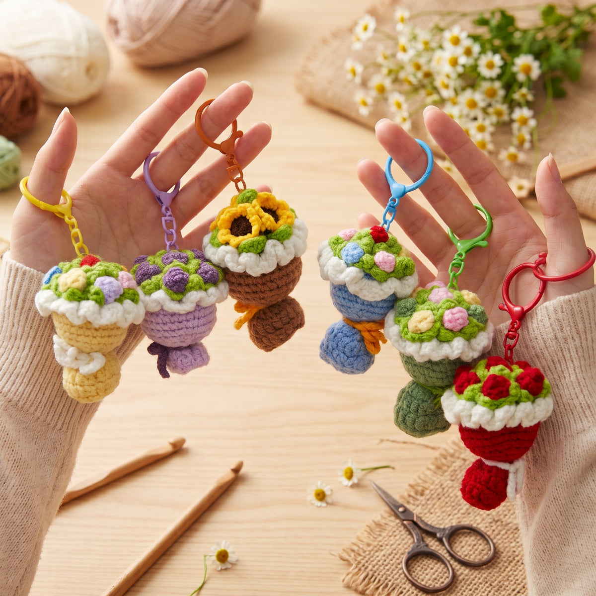 Hands holding assorted handmade crochet flower bouquet keychains, cute knitted floral key charms, aesthetic handmade gift accessory