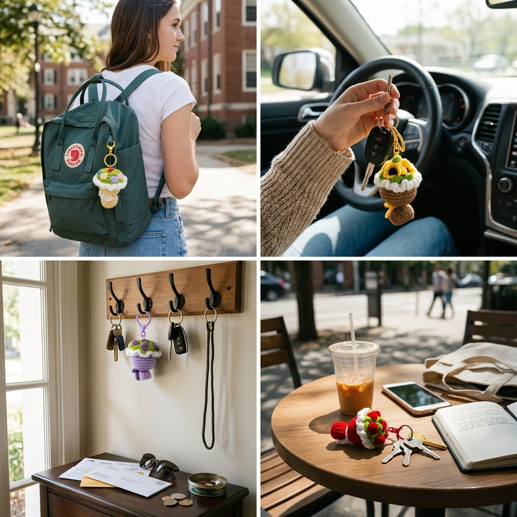 Handmade crochet flower bouquet keychain, shown on backpack, car keys, wall key hook and cafe table, cute knitted floral key charm for daily accessory