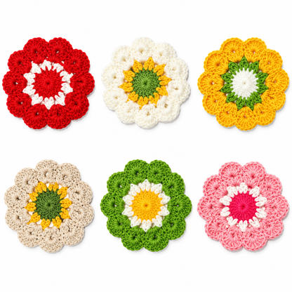 6 colorful handmade crochet flower coasters flat lay on plain white background, floral knit drink cup mats for home decor