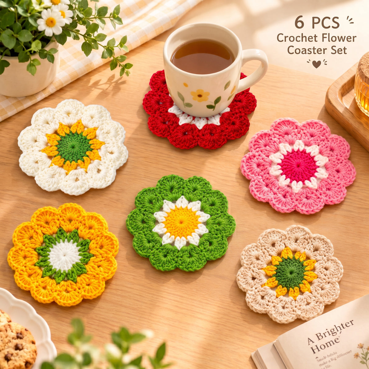 Handmade crochet flower coaster set of 6, colorful floral knitted coasters on wooden table with teacup, cute home table decor