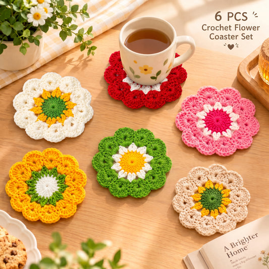 Handmade crochet flower coaster set of 6, colorful floral knitted coasters on wooden table with teacup, cute home table decor