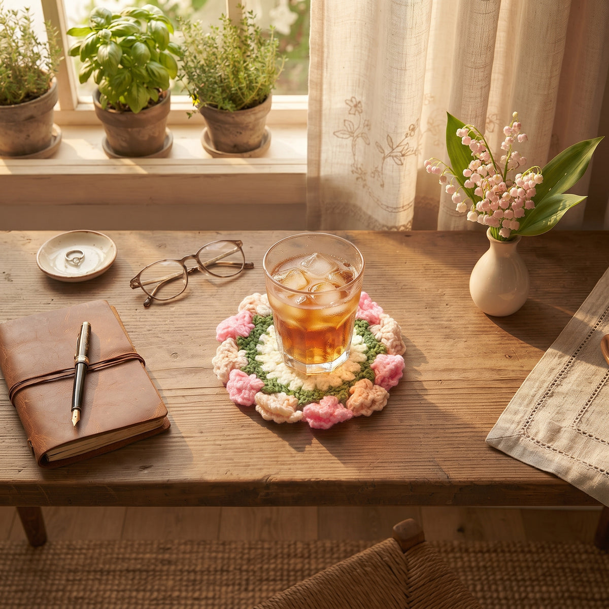 Handmade crochet flower coaster with pink white and green floral design, under glass of iced tea on warm wooden desk by window, cozy aesthetic home decor scene with journal, eyeglasses and pink roses