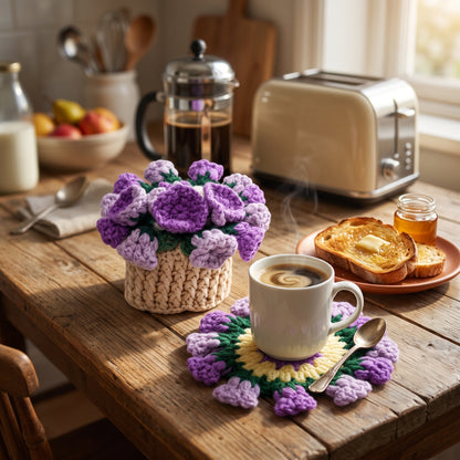 Purple handmade crochet flower coaster, transformable into mini flower bouquet, crochet pot included, farmhouse table decoration, handmade crochet art