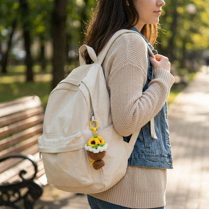 Cute handmade crochet flower bouquet keychain. Colorful knitted floral bag charm, perfect small handmade gift for friends, backpack and car key decoration.