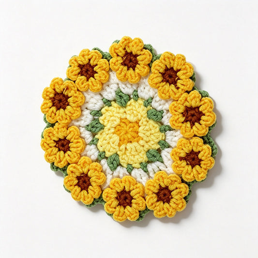 Handmade crochet sunflower coaster, 3D yellow sunflower floral design with green leaves, scalloped edge drink mat on plain white background, cute boho table decor