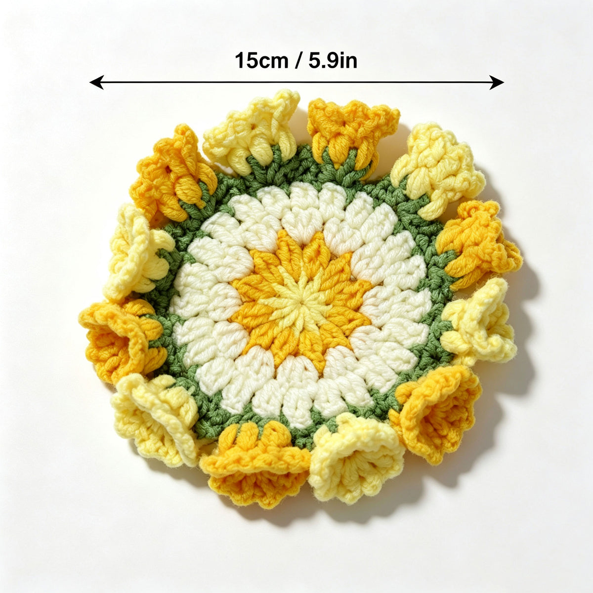 Top view of yellow handmade crochet flower coaster with size measurement 15cm/5.9in, floral border drink coaster, handmade home decor