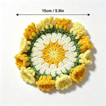 Top view of yellow handmade crochet flower coaster with size measurement 15cm/5.9in, floral border drink coaster, handmade home decor